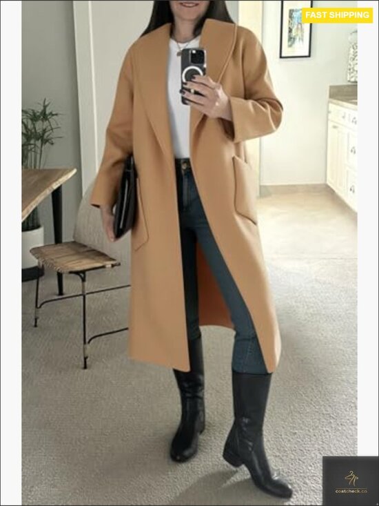 Classic Pea Coat Open Front Lapel Long Trench Loose Fit Winter Outwear - Picture 4 of 7